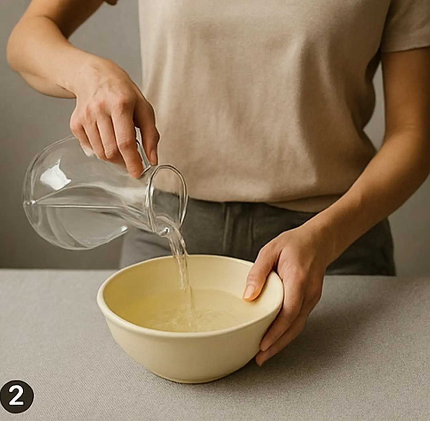Eine Person gießt eine Flüssigkeit aus einem Glaskrug in eine Rührschüssel, wahrscheinlich eine Margrethe-Rührschüssel. von Rosti. von PlanDeck UG